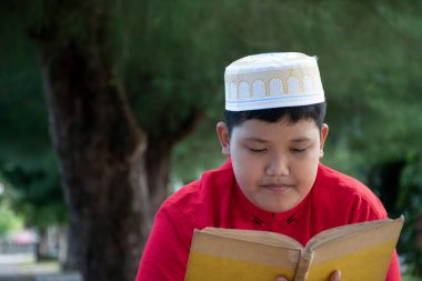 Kırmızı tişörtlü, şapkalı, kulaklık takan ve parktaki ağacın altında oturan Asyalı müslüman çocuk..