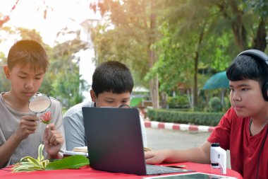 Ödev yapan, bilgi arayan ve çeşitli tropikal orman türleri hakkındaki haberleri dizüstü bilgisayarlar, büyüteçler, not defterleri, cep dürbünleri ve tabletler kullanarak yapan Asyalı genç çocuklar, yumuşak odaklanma.