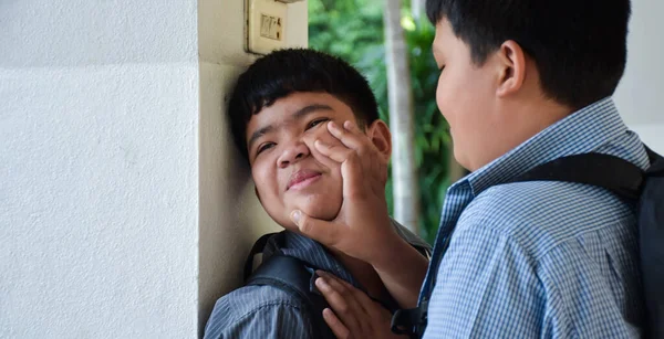 Asian Secondary School Boy Intimidated Bad Habit Students Wall Bathroom — Stock Photo, Image