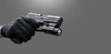 Isolated automatic 9mm pistol gun holding in right hand with clipping paths. concept for using pistol to protect properties and humans in crisis situations around the world.