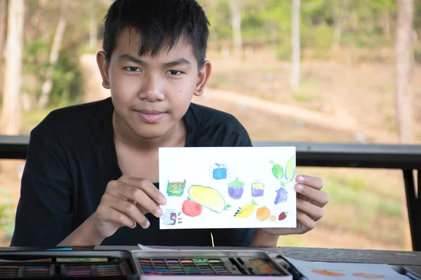 Asiático Menino Segurando Mostrando Sua Arte Desenho Pintura Mãos Felizmente — Fotografia de Stock