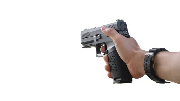 Изолированный Миллиметровый Пистолет Держащий Правой Руке Стрелка Отрезанными Дорожками — стоковое фото