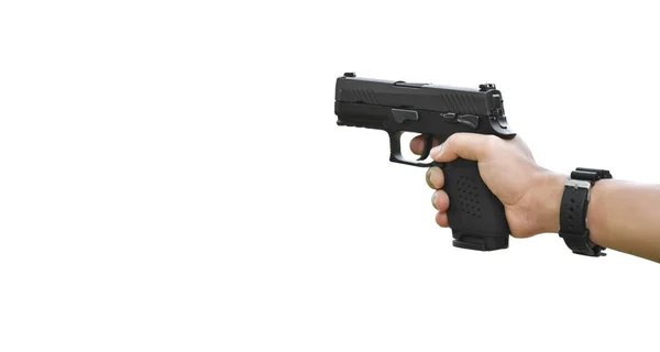 Terisolasi Pistol 9Mm Memegang Tangan Kanan Penembak Pistol Dengan Jalan — Stok Foto