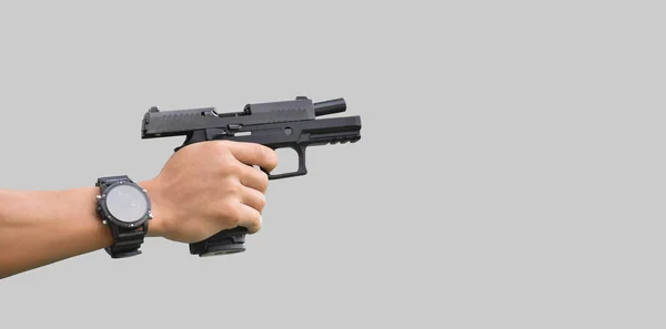 Pistola 9Mm Isolada Segurando Mão Direita Atirador Arma Com Caminhos — Fotografia de Stock