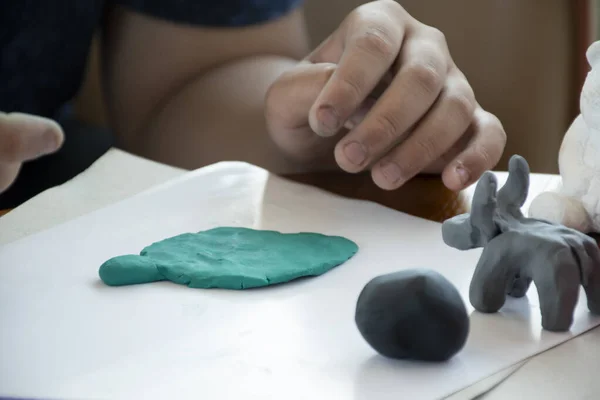 Garçon Autiste Moulant Différentes Formes Plasticine Colorée Préparée Par Les — Photo