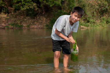 Asyalı çocuklar nehirde doğal olarak yetişen tatlı su yosunlarını tutarlar. Doğa, çevre koruma ve yüksek sıcaklığın su altı bitkilerinin büyümesi üzerindeki etkisini gözlemleme fikri.