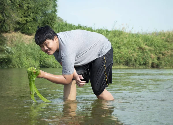 Rapazes Asiáticos Têm Algas Água Doce Que Crescem Naturalmente Num — Fotografia de Stock
