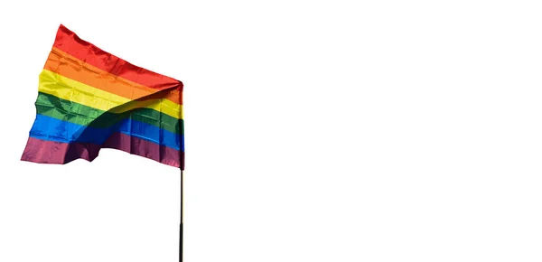 Regenboog Vlag Houten Paal Met Troebele Bluesky Achtergrond Concept Voor — Stockfoto