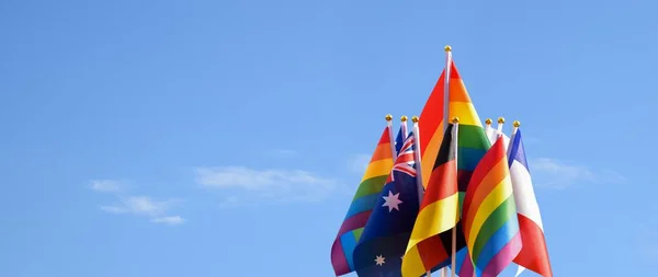 Rainbow Flags Asian Countries Flags Bluesky Background — Stock Photo, Image
