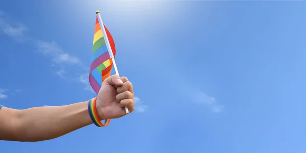 Rainbow Flag Raising Blueskey Background Copy Space Concept Lgbt Celebrations — Stock fotografie