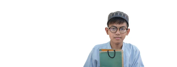 Young Asian Muslim Islamic Boy Wears Hat Eyeglasses Holding Quran — Stock Photo, Image