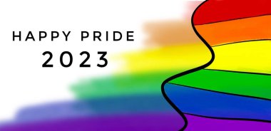  Gökkuşağı renginin çizimi, lgbt sembolü, beyaz arkaplan ve metin gururlu ay 2023, LGBTQ + insanların gurur ayında kutlama konsepti.