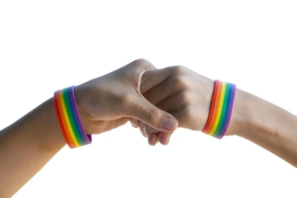 Isolé Gay Couple Mains Qui Portent Bracelet Arc Ciel Autour — Photo