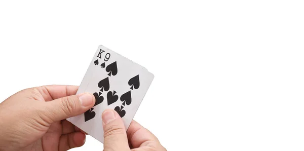 Ruční Držení Pokerové Karty Hraje Izolované Bílém Pozadí Oříznutými Cestami — Stock fotografie