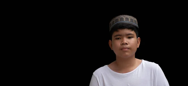 Portrait Asian Young Muslim Isamic Boy Wears Hat White Shirt — Stock Photo, Image