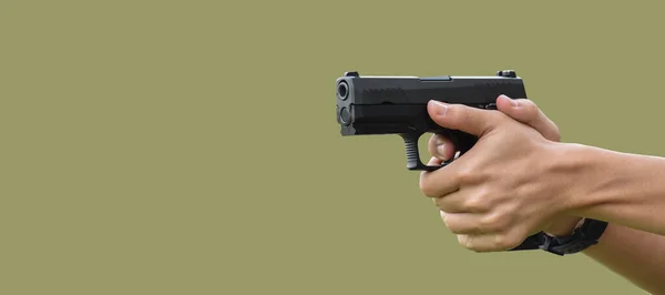 Hands Holding 9Mm Pistol Gun Isolated Green Background Clipping Paths — Stock Photo, Image