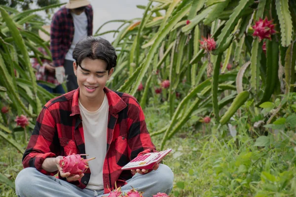 Jonge Aziatische Man Glimlachend Met Een Pitahaya Rekenmachine Concept Voor — Stockfoto