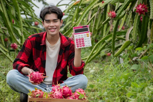 Unga Asiatiska Frukt Vender Eller Frukt Ägare Som Innehar Pitahaya — Stockfoto