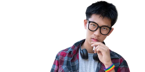 Asian Boy Teenager Plaid Shirt Wears Wristband Eyeglasses Holding Cigarette — Stock Photo, Image