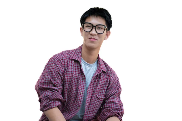 Mladý Asijský Teenager Kostkované Košili Nosí Brýle Izolované Bílém Pozadí — Stock fotografie