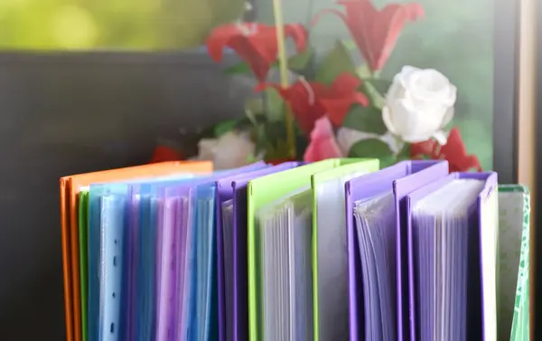 Back view of various plastic file folders for storing important documents in a file box for neatness and easy finding places near transparent glass window, blurred edited background.