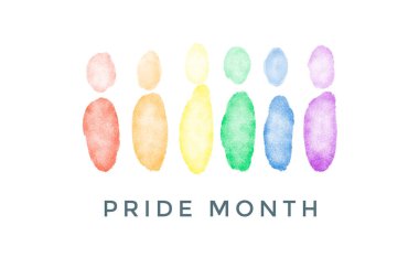 Gökkuşağı insanları beyaz arkaplana 'Gurur Ayı' yazılı el çizimi, mutlu gurur ayı konsepti.