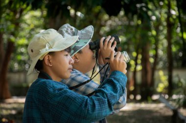 Asian boys are using binoculars to do the birds' watching in tropical forest during summer camp, idea for learning creatures and wildlife animals and insects outside the classroom.