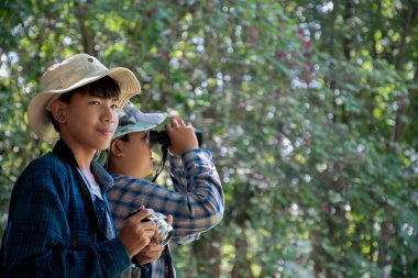 Asian boys are using binoculars to do the birds' watching in tropical forest during summer camp, idea for learning creatures and wildlife animals and insects outside the classroom.