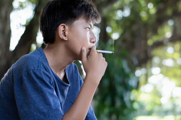 Asian boy is smoking seriously in the public park, concept for bad behavior of young teenboys around the world.