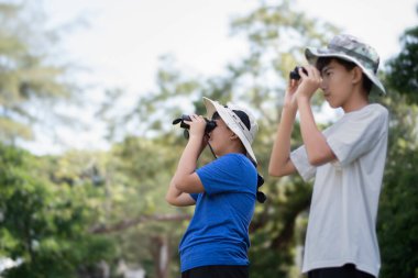 Asyalı öğrenciler boş zamanlarını kuşları, böcekleri, böcekleri ve hayvanları izleyerek geçiriyorlar. Tropikal ormanlarda ağaçların dallarında uçan, sürünen ve tırmanan hayvanlar, soldaki çocuğa yumuşak ve seçici bir şekilde odaklanıyorlar..