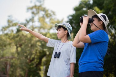 Asyalı öğrenciler boş zamanlarını kuşları, böcekleri, böcekleri ve hayvanları izleyerek geçiriyorlar. Tropikal ormanlarda ağaçların dallarında uçan, sürünen ve tırmanan hayvanlar, soldaki çocuğa yumuşak ve seçici bir şekilde odaklanıyorlar..