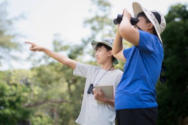 Asyalı öğrenciler boş zamanlarını kuşları, böcekleri, böcekleri ve hayvanları izleyerek geçiriyorlar. Tropikal ormanlarda ağaçların dallarında uçan, sürünen ve tırmanan hayvanlar, soldaki çocuğa yumuşak ve seçici bir şekilde odaklanıyorlar..
