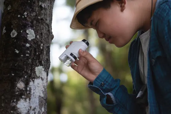 Niño Asiático Usando Microscopio Portátil Aire Libre Para Ver Patrón Imagen de archivo