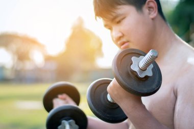 Young asian chubby boy doing exercise with dumbbells in outdoor park in the sunset time of the day, sunlight edited. clipart