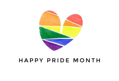 Gökkuşağı Yüreği çizimi beyaz arka planda 'Mutlu Gurur Ayı' metinleriyle, LGBT 'nin tüm dünyadaki özel etkinliklerini destekleme ve katılma konsepti.