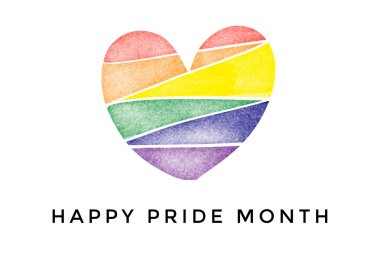 Gökkuşağı Yüreği çizimi beyaz arka planda 'Mutlu Gurur Ayı' metinleriyle, LGBT 'nin tüm dünyadaki özel etkinliklerini destekleme ve katılma konsepti.