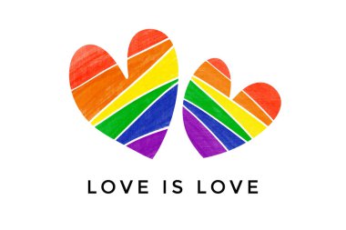 Gökkuşağı kalbi beyaz arka planda metinler çiziyor. Aşk, dünyanın her yerindeki LGBTQ + insanların gurur ayı etkinliklerini kutlamak, desteklemek ve katılmak için kullanılan bir kavram..