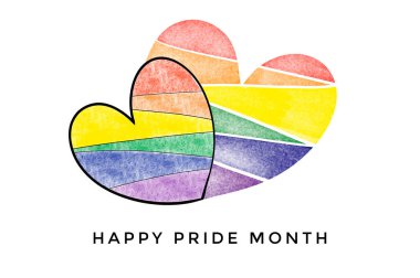 Gökkuşağı kalbi beyaz arkaplanda Mutlu Gurur Ayı metinleri çiziyor, tüm dünyadaki LGBTQ + insanların gurur dolu ay etkinliklerini kutlamak, desteklemek ve katılmak için konsept.