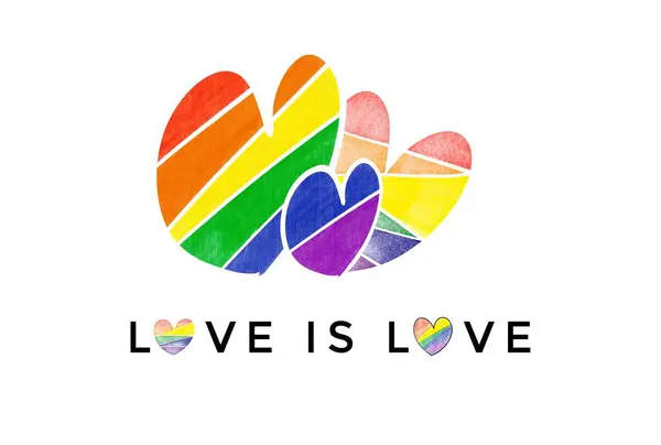 stock image Rainbow heart drawing on white background with texts Love is love, concept for celebrating, supporting and attending the pride month events of LGBTQ+ people around the world.