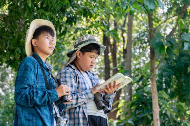 Yaz kampı sırasında tropikal ormanda kuş gözlemlemek için dürbün kullanan Asyalı çocuklar, sınıfın dışında yaşayan canlıları, vahşi hayvanları ve böcekleri öğrenme fikri.