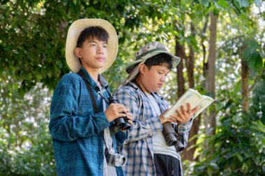 Yaz kampı sırasında tropikal ormanda kuş gözlemlemek için dürbün kullanan Asyalı çocuklar, sınıfın dışında yaşayan canlıları, vahşi hayvanları ve böcekleri öğrenme fikri.