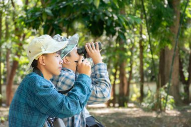 Yaz kampı sırasında tropikal ormanda kuş gözlemlemek için dürbün kullanan Asyalı çocuklar, sınıfın dışında yaşayan canlıları, vahşi hayvanları ve böcekleri öğrenme fikri.