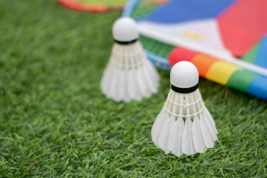 Beyaz krema servisi, badminton spor ekipmanları, Filipinler bayrağı ve gökkuşağı bayrağının önündeki yeşil çimlere yerleştirilmiş yerler, tüm cinsiyetler ve lgbtq + insanlar için badminton sporu kavramı.