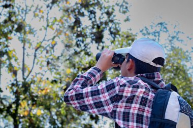 Dürbün tutan Asyalı çocuk tropikal ormanda duruyor ve parkta vahşi hayvan görmek için bekliyor. Doğal ortamın tadını çıkarıyor ve yabani hayatı merakla izliyor..