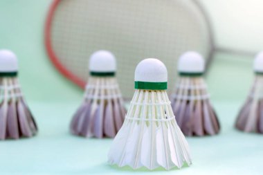 Beyaz ve siyah badminton tüylü mekikleri ve raketi kapalı badminton kortunda, kopyalama alanı, yumuşak ve seçici odak.