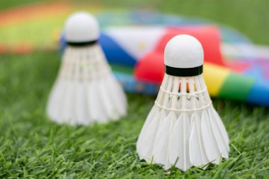Beyaz krema servisi, badminton spor ekipmanları, Filipinler bayrağı ve gökkuşağı bayrağının önündeki yeşil çimlere yerleştirilmiş yerler, tüm cinsiyetler ve lgbtq + insanlar için badminton sporu kavramı.