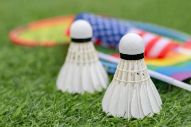 Beyaz Krem Mekik, badminton spor ekipmanları, Amerikan bayrağı ve gökkuşağı bayrağının önündeki yeşil çimlere yerleştirilmiş yerler, tüm cinsiyetler ve lgbtq + insanları için badminton sporu kavramı.