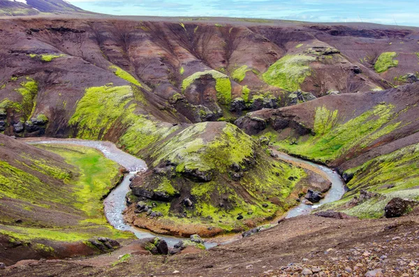 溶岩原の川の蛇行 ケリンガリフィヨール アイスランド — ストック写真