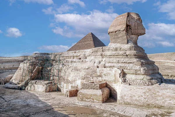Vista General Esfinge Giza Las Obras Arqueológicas Desilting Egipto Fondo —  Fotos de Stock