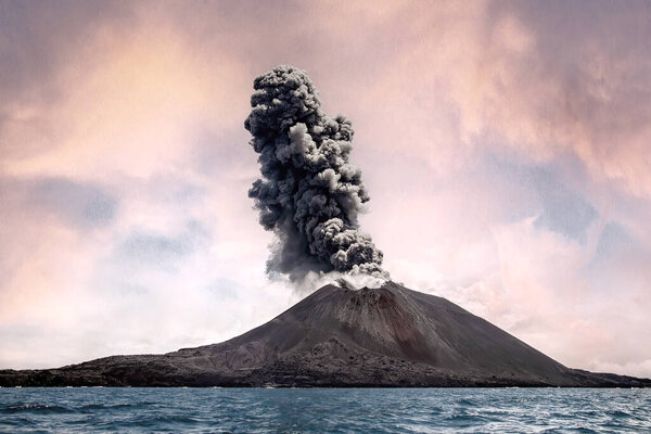 The Anak Krakatoa volcano with a plume of smoke. Indonesia